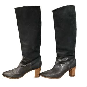 Maison Margiela Black Suede & Leather Boots w/ Wood Stack Heel, Size 9